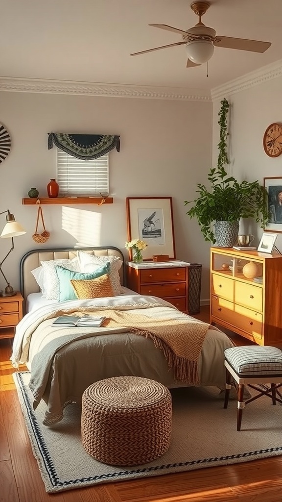 A cozy bedroom featuring vintage decor elements, including wooden furniture, a woven pouf, and framed artwork.