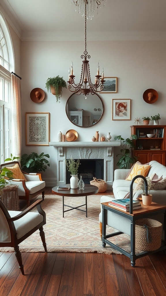Cozy apartment living room with vintage decor, plants, and warm lighting.