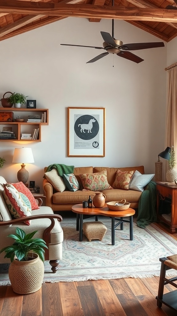 Cozy boho living room with vintage decor, colorful pillows, and wooden furniture.