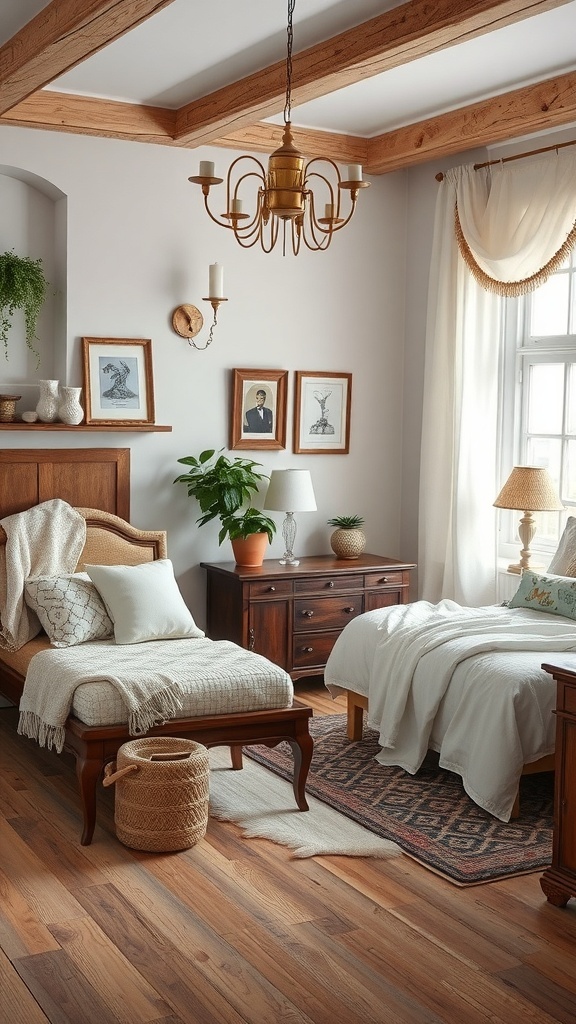 A cozy bedroom featuring vintage wooden furniture, a chandelier, and artwork on the walls.