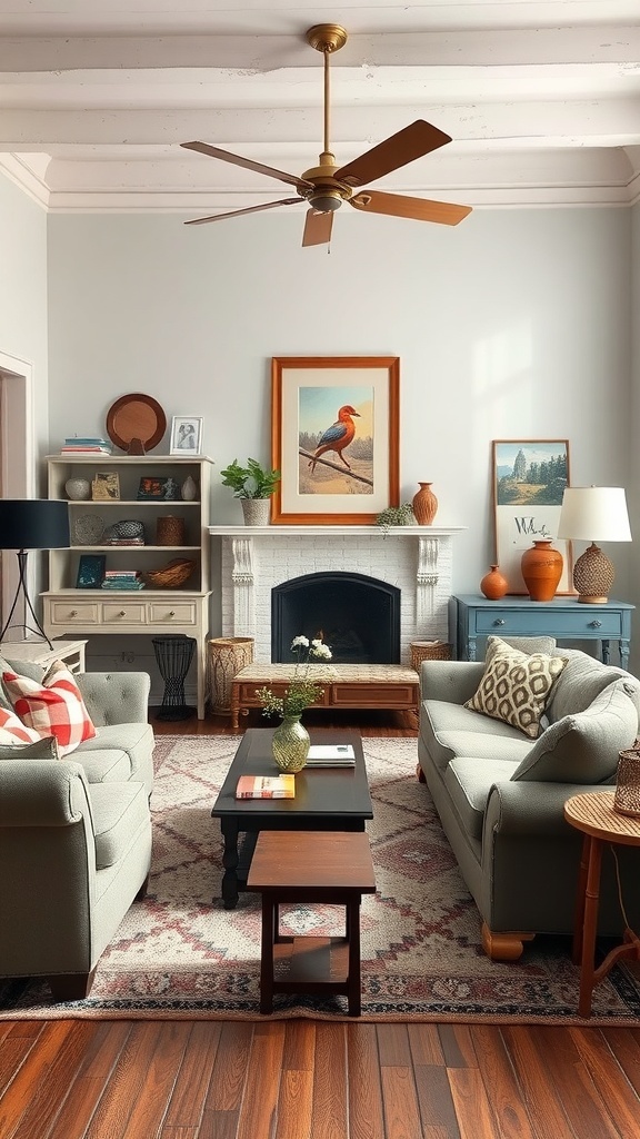 Cozy living room with vintage decor, featuring two sofas, a coffee table, and decorative items on shelves.