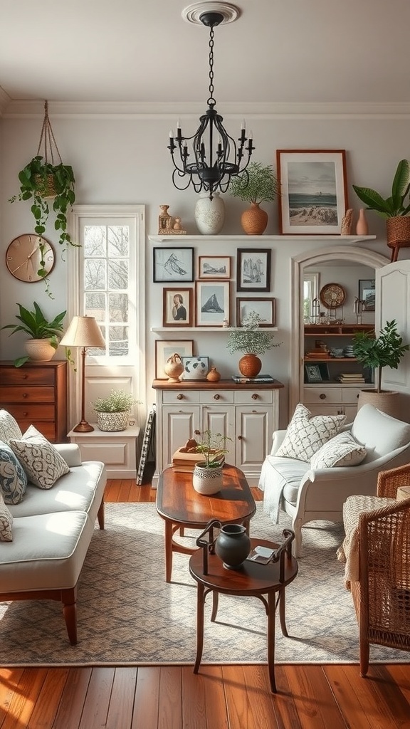 A cozy living room featuring vintage decor, plants, and warm lighting.