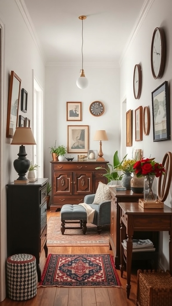 A narrow hallway decorated with vintage furniture, artwork, and a patterned rug.