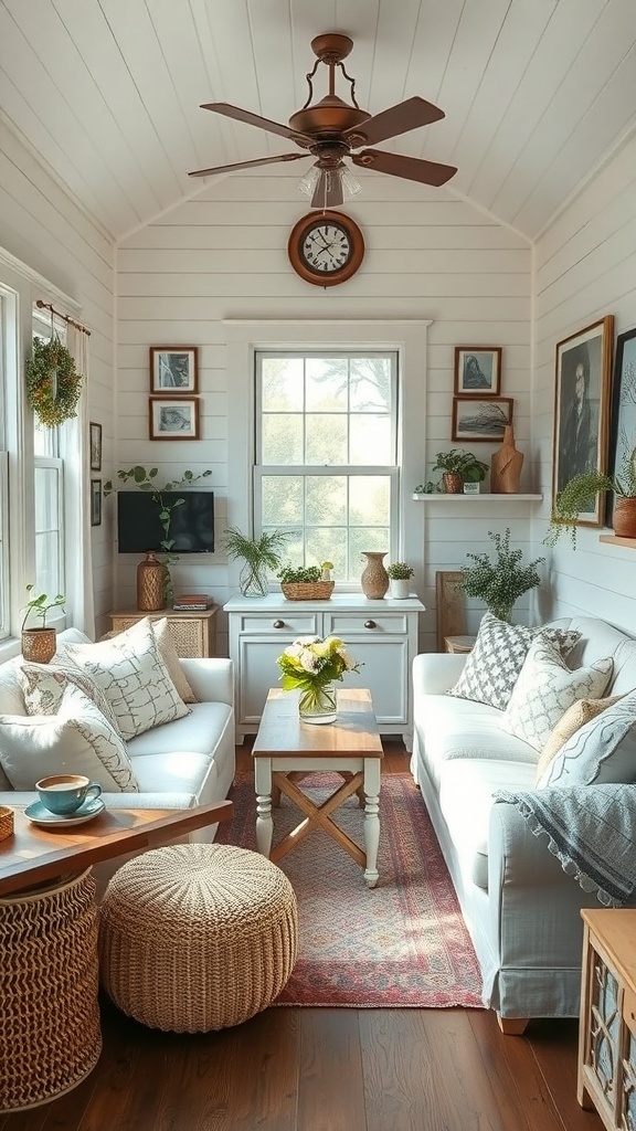 Cozy tiny house living room with vintage decor, featuring white walls, wooden furniture, and plants.