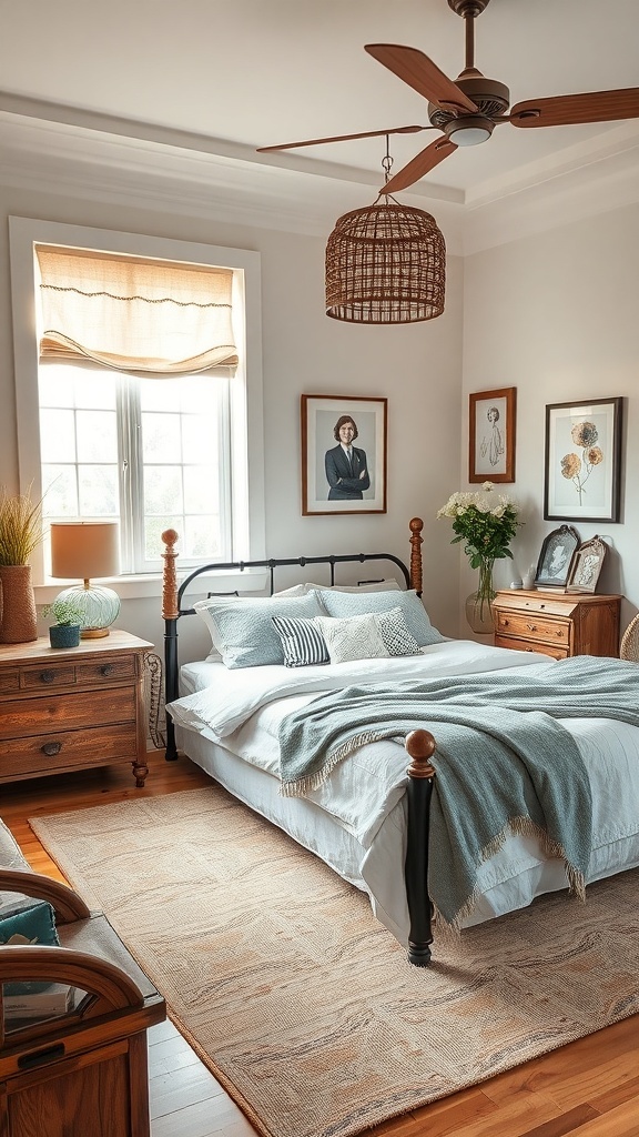A cozy earthy bedroom featuring a black metal bed, vintage wooden furniture, and framed artwork on the walls.