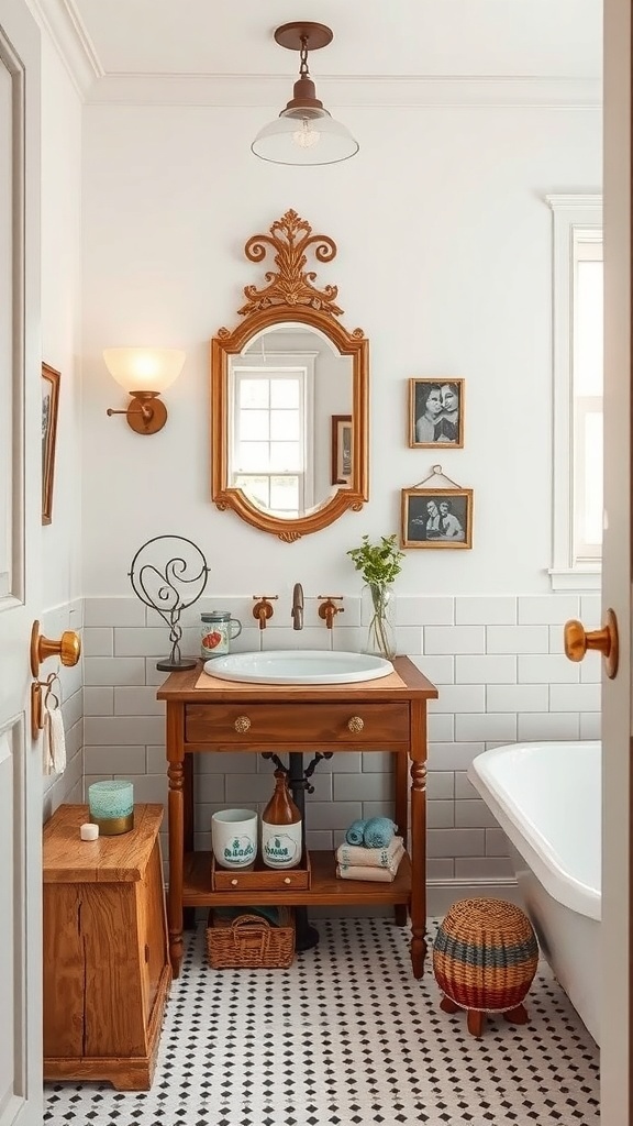 A cozy vintage-inspired bathroom with a wooden vanity, ornate mirror, and patterned floor tiles.