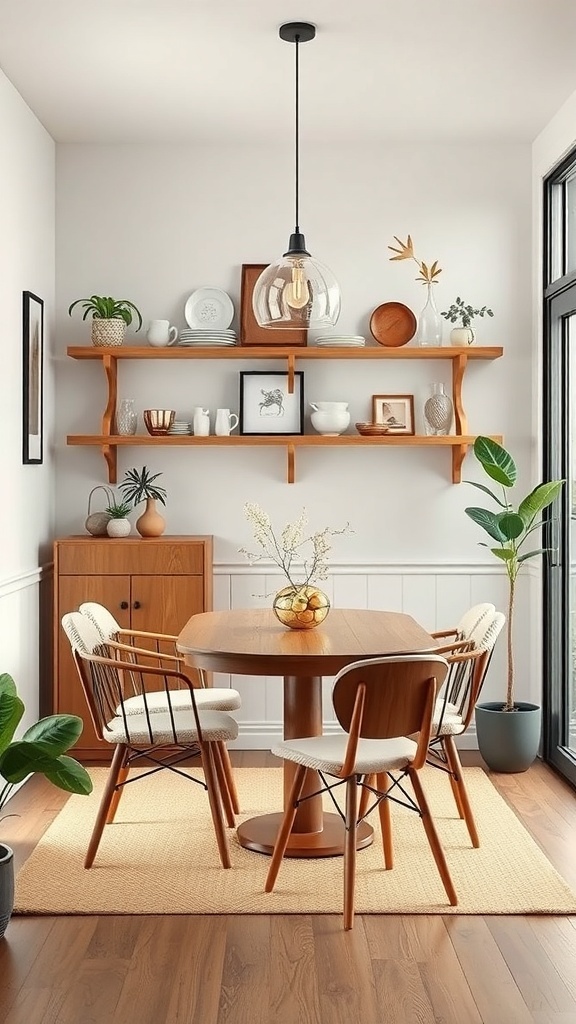 A small dining room featuring a round wooden table, stylish chairs, and wall-mounted shelves displaying dishware and decor.