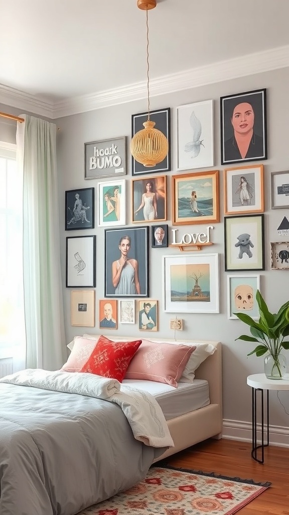 A stylish teen bedroom featuring a gallery wall with various art pieces, a cozy bed with decorative pillows, and a plant in the corner.