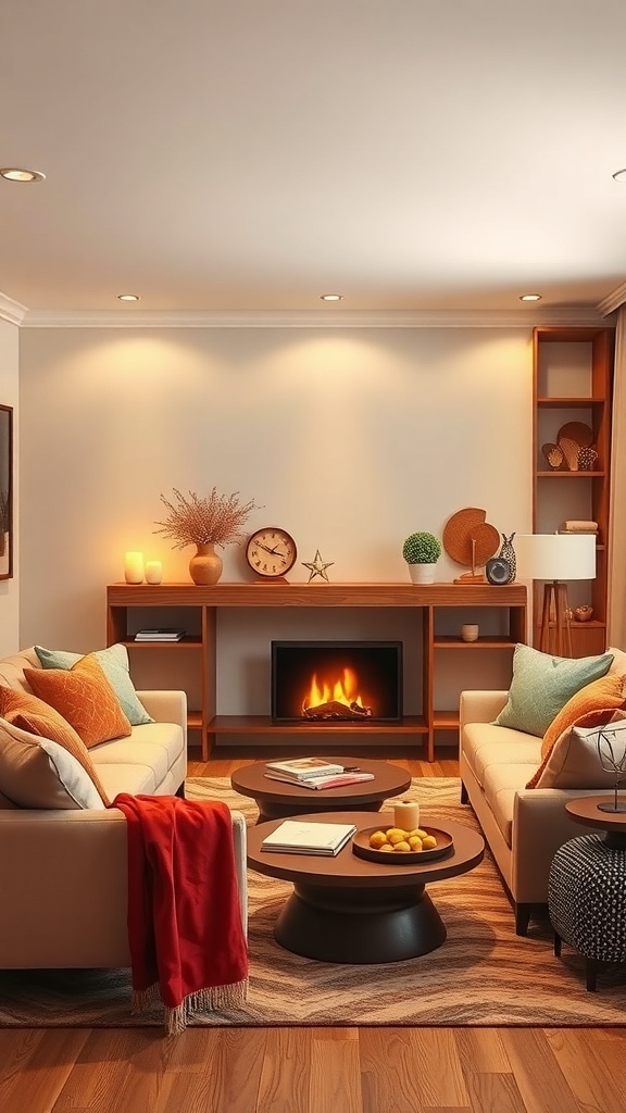 Cozy living room with warm color palette featuring two sofas, a fireplace, and wooden furniture.