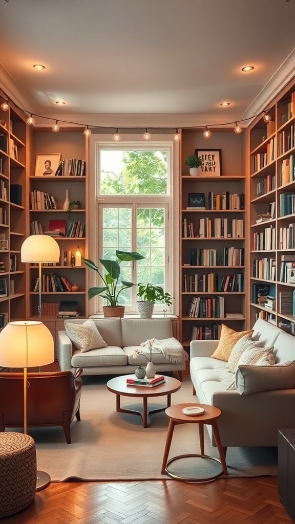 A cozy home library with warm lighting, featuring bookshelves, comfortable seating, and a large window.