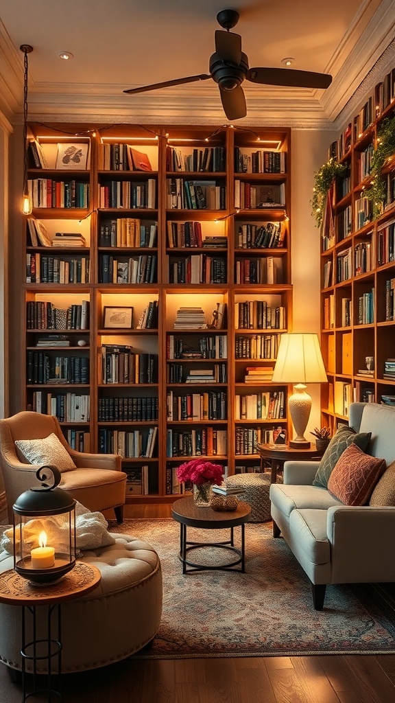 Cozy home library with warm lighting, bookshelves, comfortable seating, and a candle.