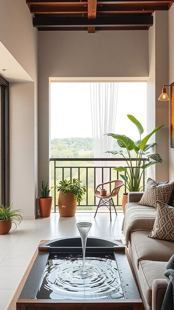 A cozy balcony featuring a stylish water feature, plants, and comfortable seating.