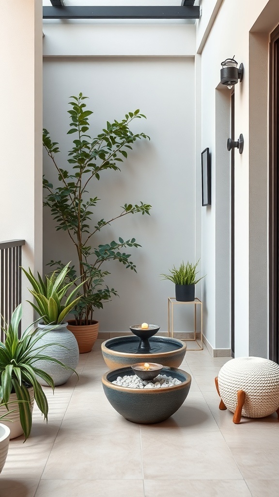 A narrow balcony featuring tiered water bowls and various plants, creating a serene atmosphere.