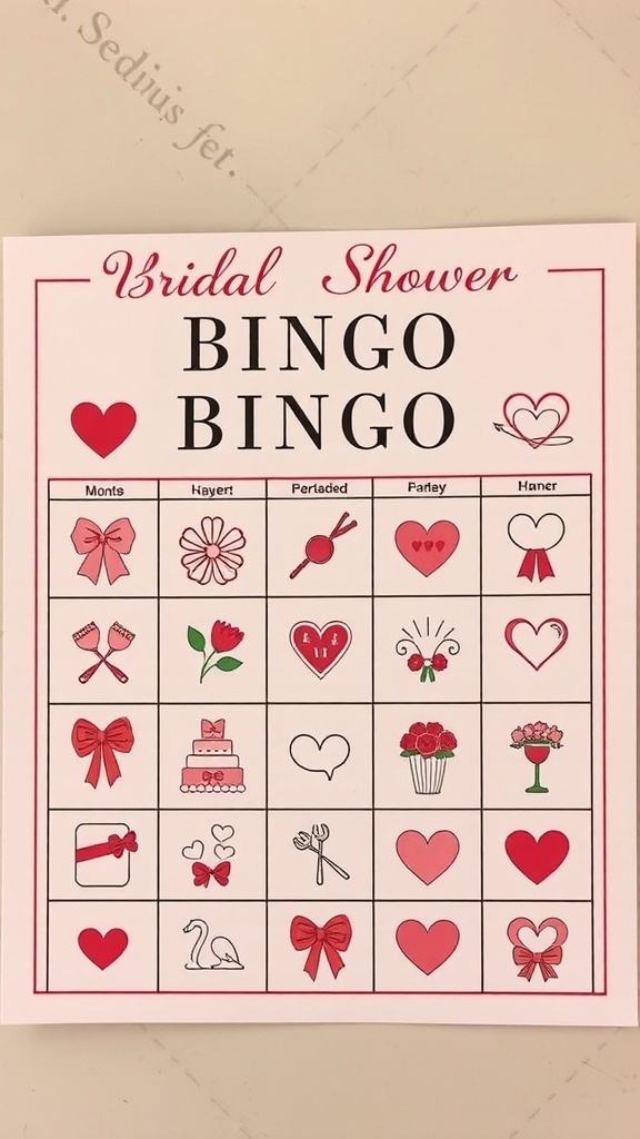 Bridal shower bingo card with various wedding-themed symbols.