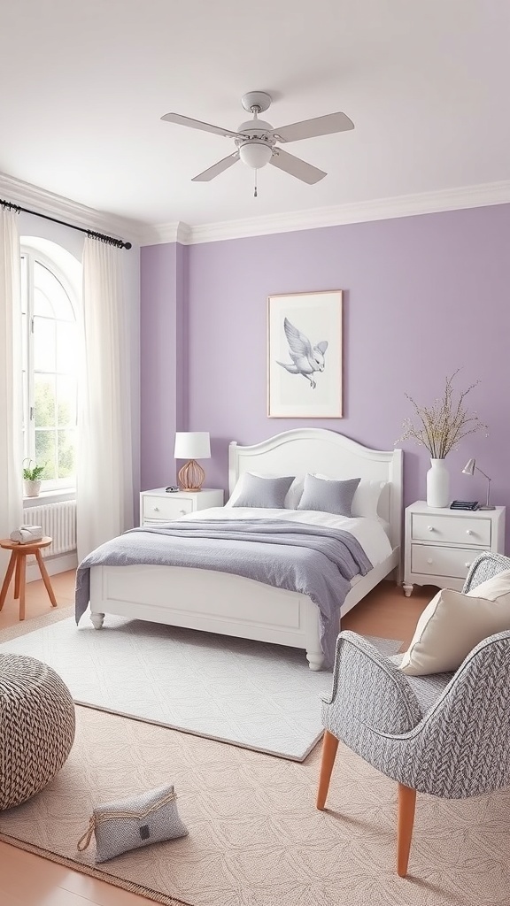 A lilac bedroom featuring white furniture and decor