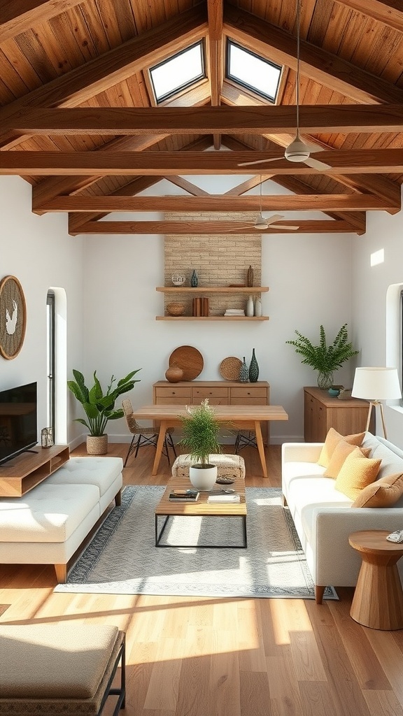 A bright living room featuring wooden beams on the ceiling, stylish furniture, and a cozy atmosphere.