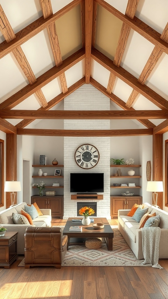 Living room with wood beams and accent ceiling, featuring cozy furniture and decor.