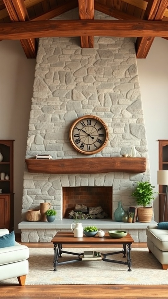 A rustic stone fireplace with wooden beams, a round clock, and decorative elements.