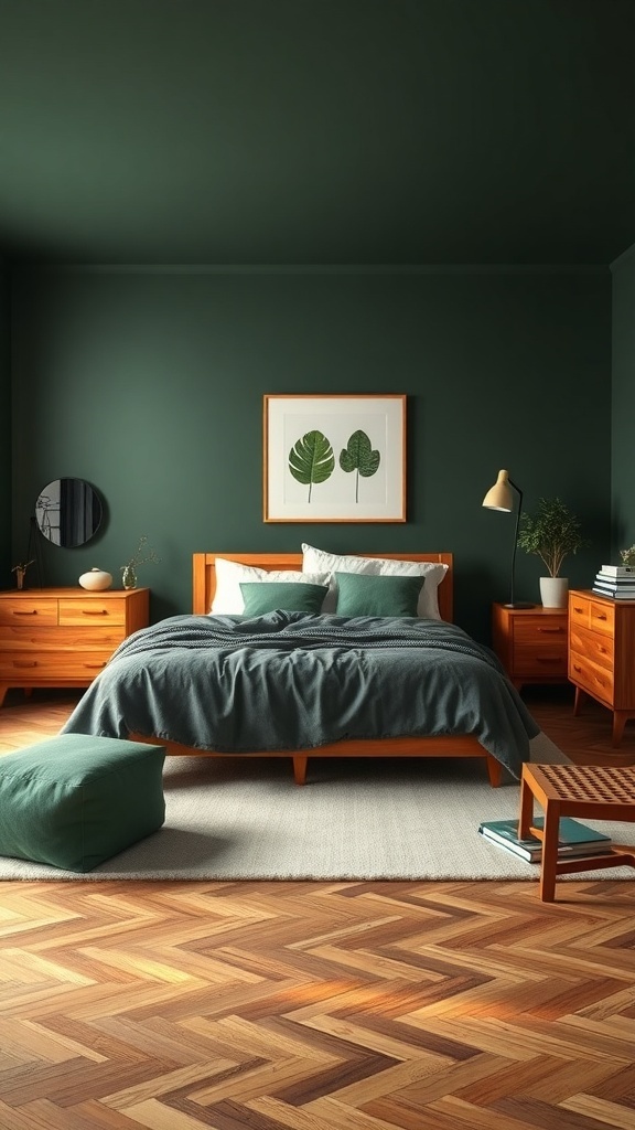 A cozy dark green bedroom featuring wooden furniture and warm accents.