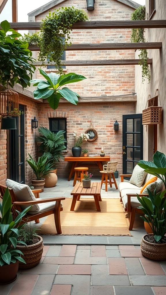Cozy indoor-outdoor living space with plants, wooden furniture, and natural light.
