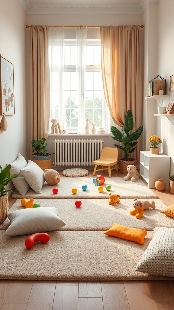 A cozy indoor play area for kids with soft mats, colorful toys, and natural light.