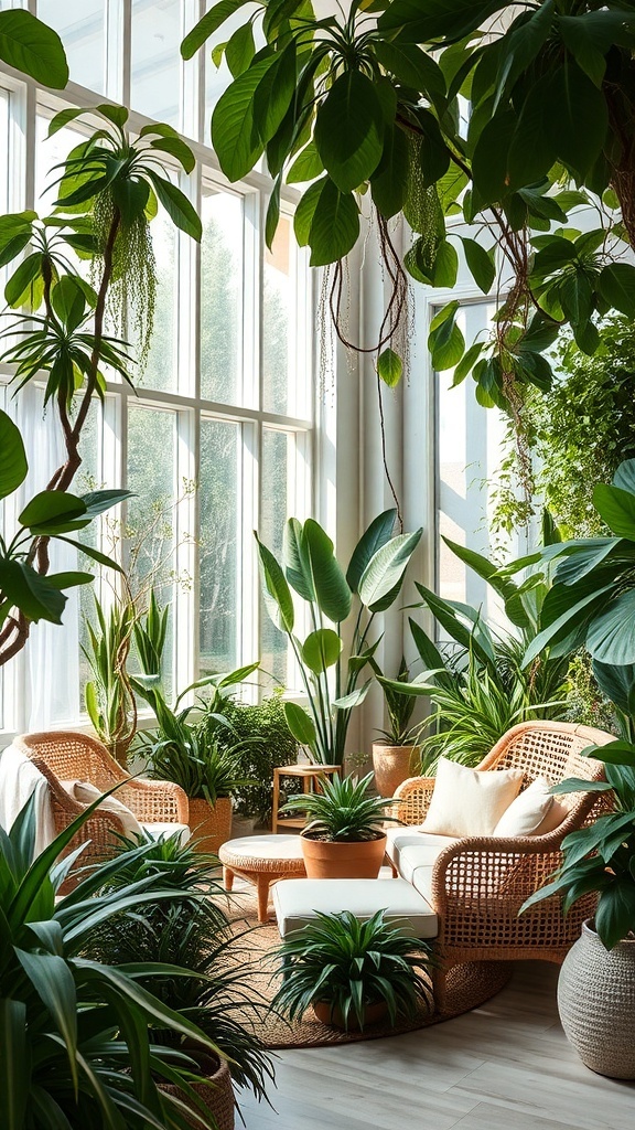A bright indoor garden with large windows, lush plants, and cozy rattan seating.