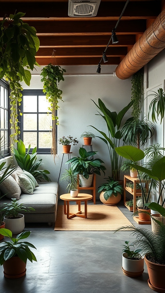Cozy indoor garden in a basement with various plants, a couch, and natural elements.