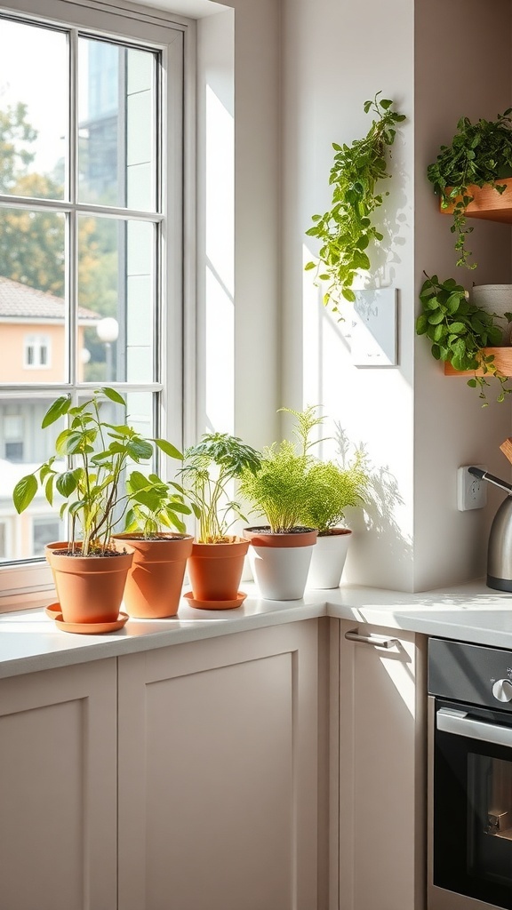 Indoor herb garden with various plants in pots by a window