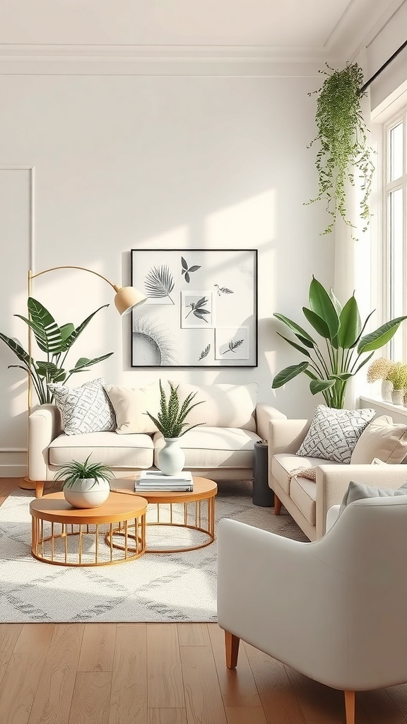 A cozy neutral living room with indoor plants, featuring a light color palette and natural decor.