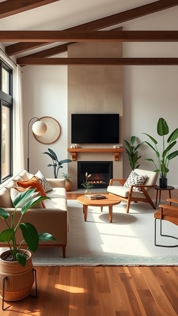 Cozy mid-century modern living room with indoor plants