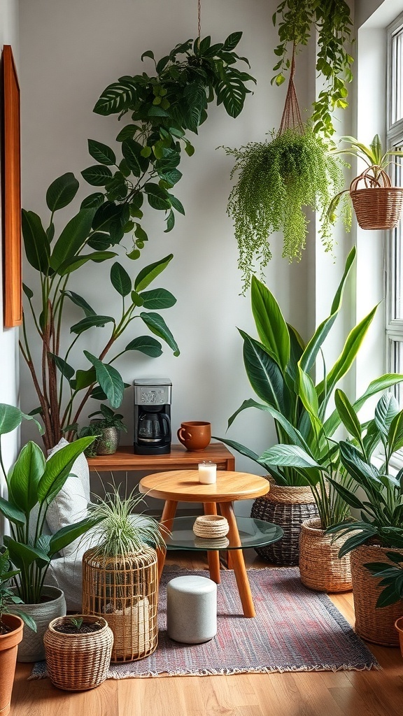 A cozy indoor coffee corner filled with various indoor plants, a coffee maker, and a wooden table.