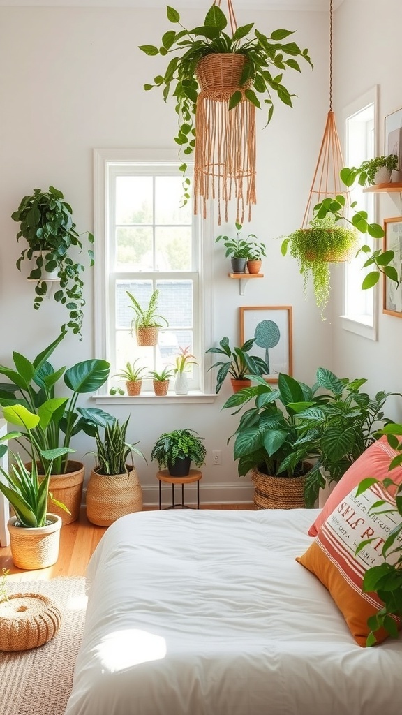 A boho farmhouse bedroom filled with various indoor plants, showcasing a cozy and inviting atmosphere.