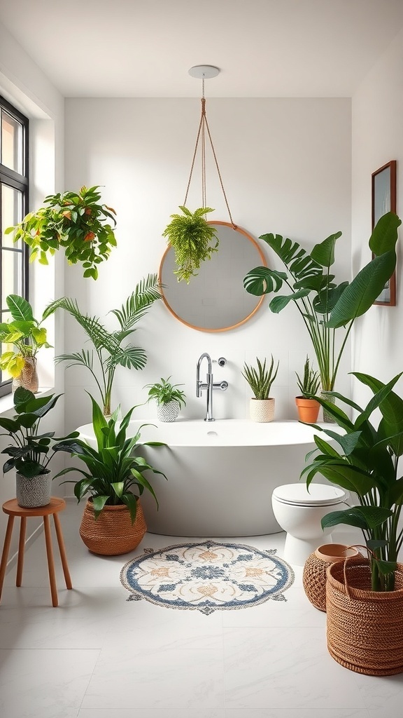 A Japandi style bathroom featuring various indoor plants, a bathtub, and a round mirror.