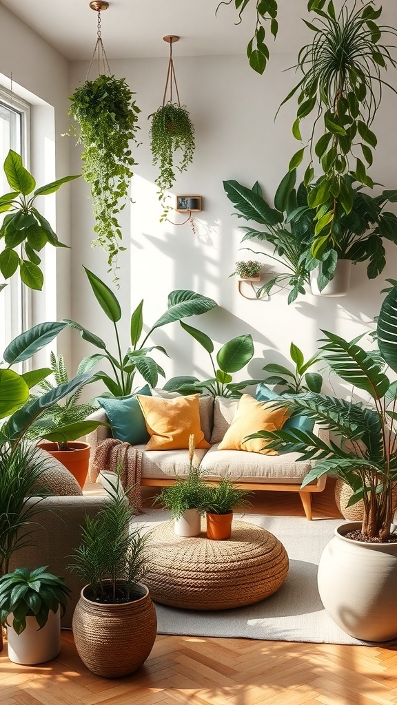 A cozy living room filled with various indoor plants, featuring a comfortable couch with colorful cushions and a woven pouf.