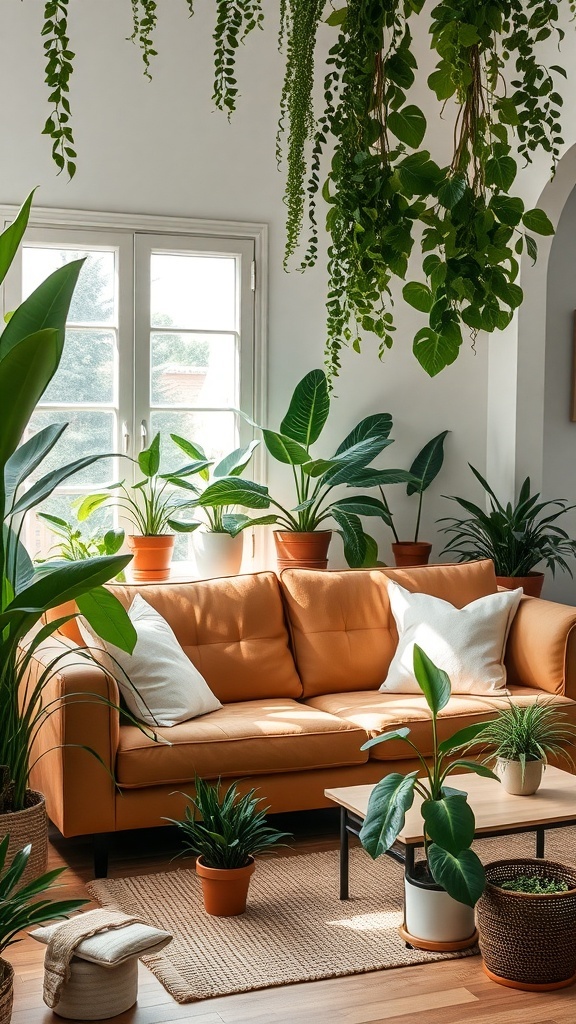 A cozy living room featuring a tan couch surrounded by various indoor plants.