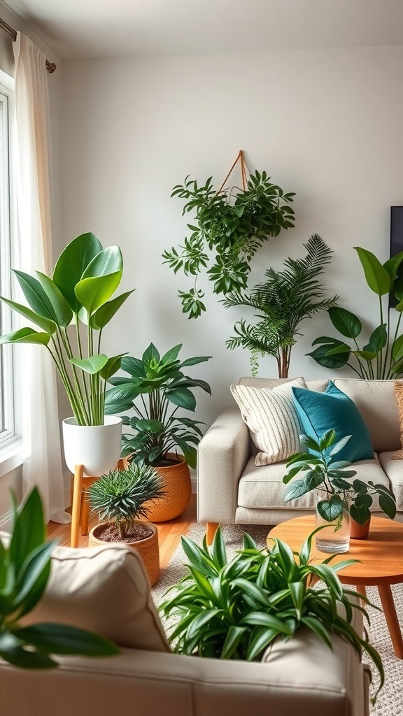 Cozy coastal living room filled with various indoor plants, creating a fresh and inviting atmosphere.