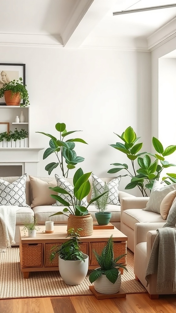 A rustic farmhouse living room featuring various indoor plants, cozy furniture, and a warm atmosphere.