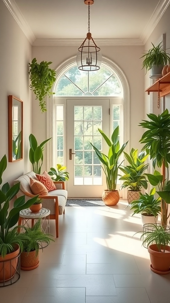 Bright foyer with various indoor plants, a cozy sofa, and natural light coming through large windows.
