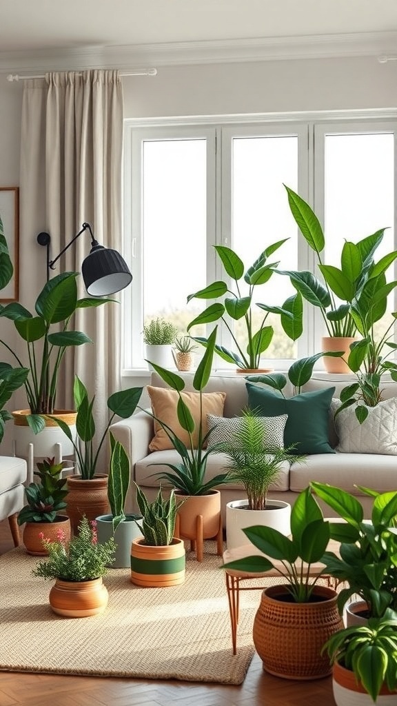 Cozy living room filled with various indoor plants, showcasing a lush and inviting atmosphere.