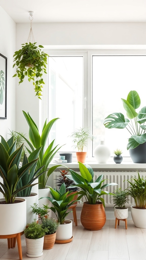 A bright room filled with various indoor plants in different pots, creating a fresh and lively atmosphere.