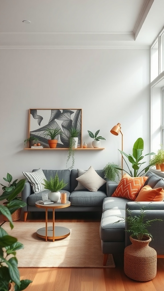 A small lounge room featuring a gray sectional sofa, colorful cushions, and various indoor plants, creating a fresh and inviting atmosphere.