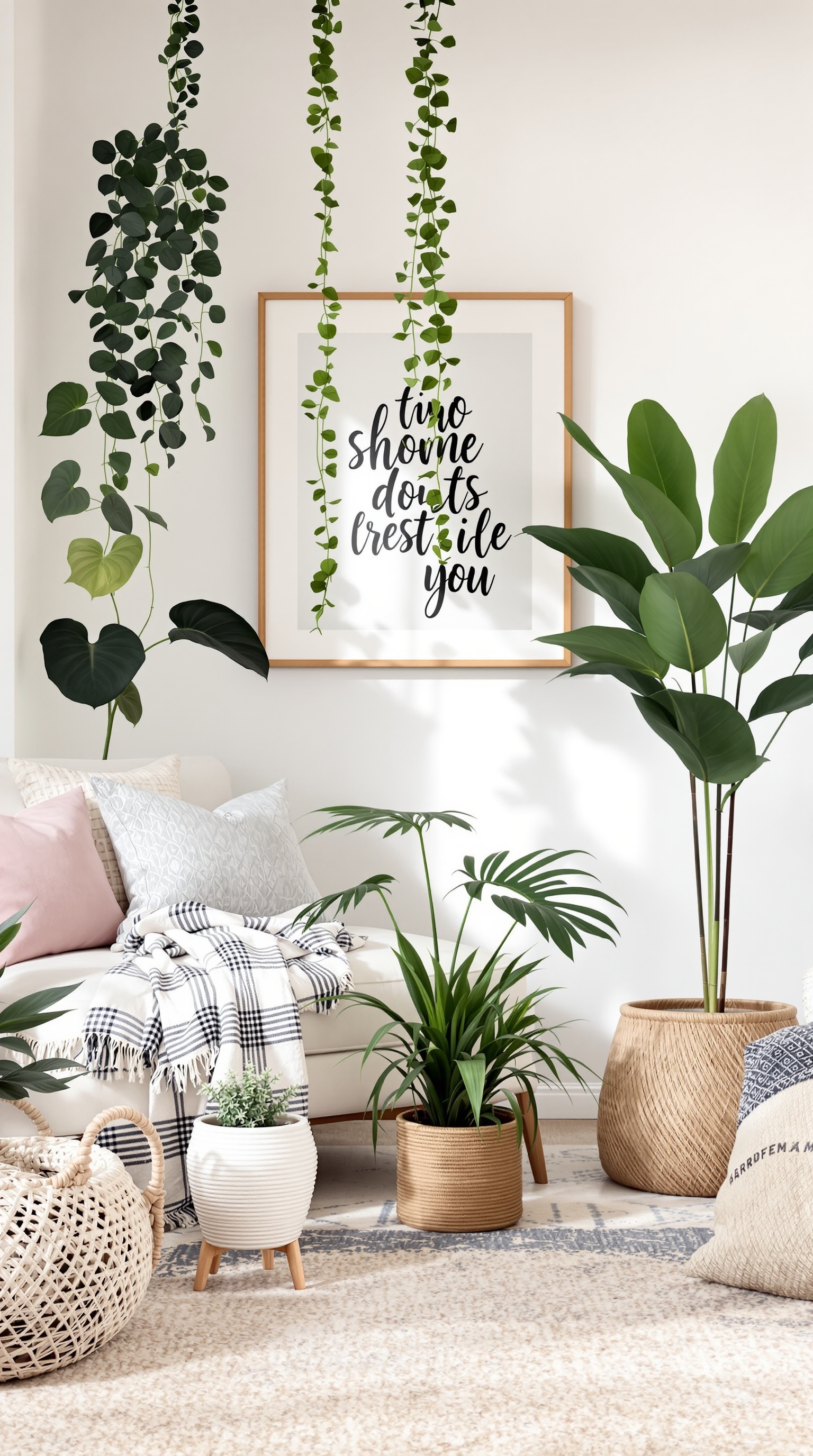 A cozy basement family room with various indoor plants, including hanging vines and leafy greens, enhancing the decor.
