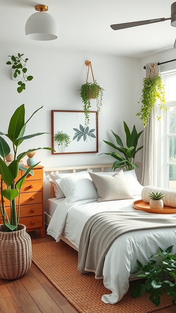 A cozy farmhouse bedroom with indoor plants, a bed with white linens, and wooden furniture.