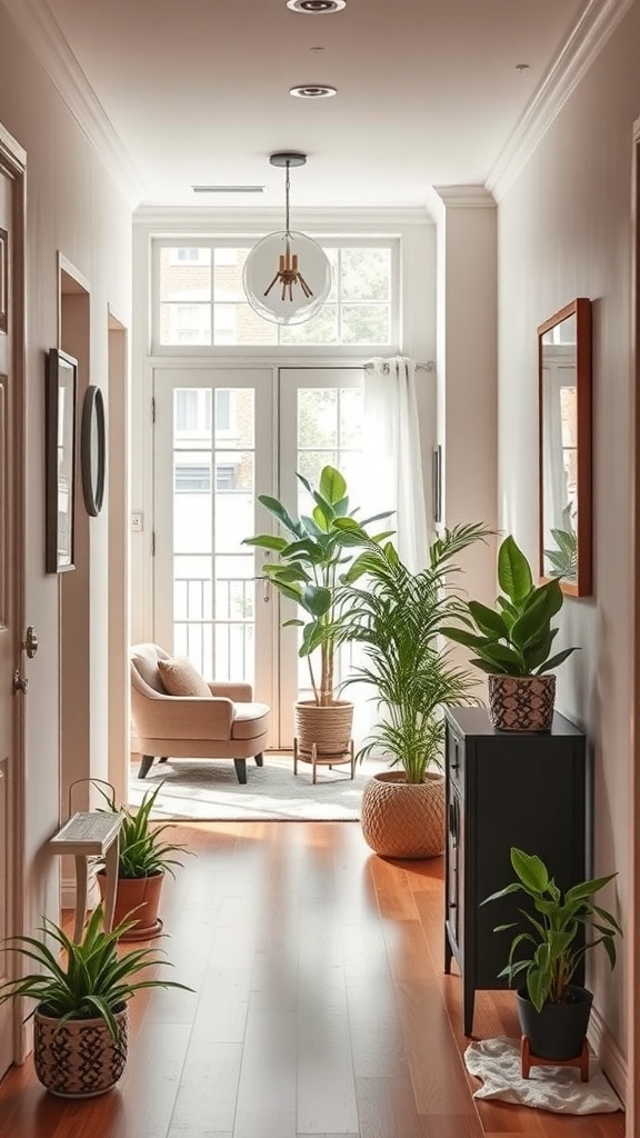 A bright foyer with various indoor plants, a cozy chair, and natural light.