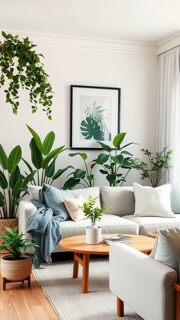 Cozy Scandinavian living room with indoor plants, neutral furniture, and warm wood accents.