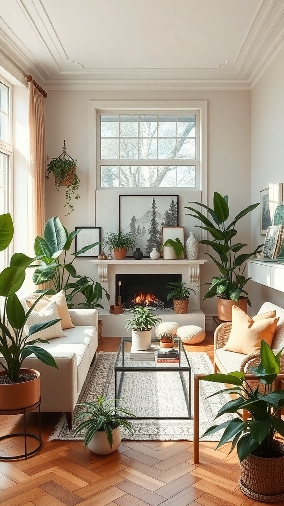 Cozy luxury living room with various indoor plants, a fireplace, and comfortable seating.