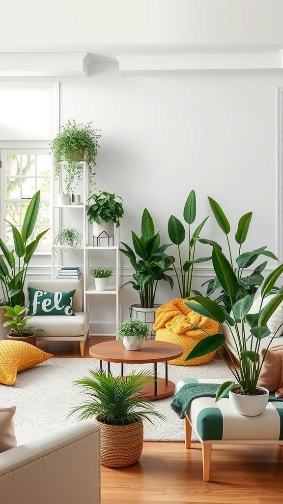 A cozy living room filled with various indoor plants, featuring a comfortable seating area and bright decor.