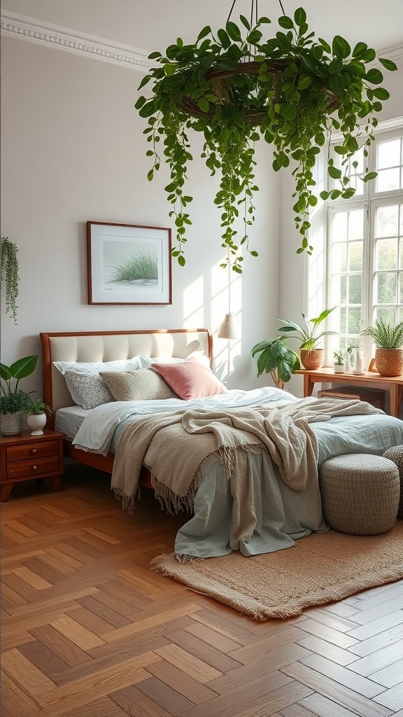 A cozy cottage bedroom with a bed, soft textiles, wooden flooring, and hanging indoor plants.