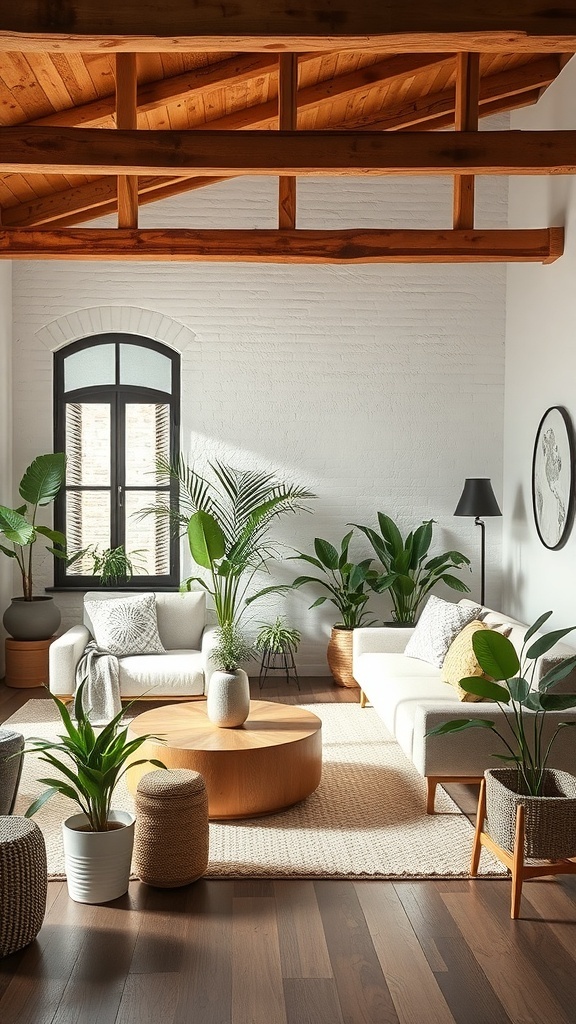 A modern rustic living room featuring various indoor plants, cozy furniture, and a warm atmosphere.