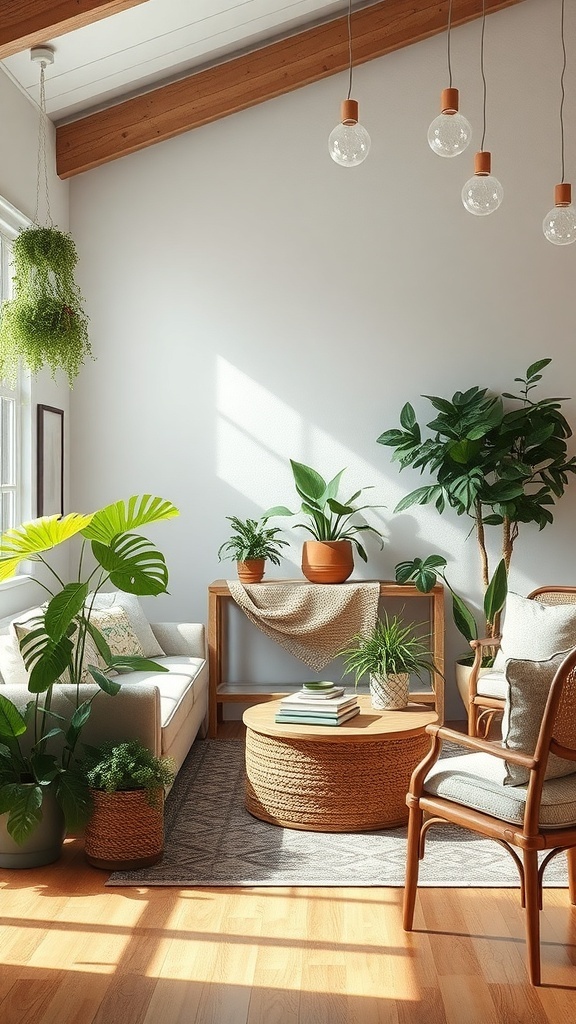 A rustic French country living room featuring various indoor plants, a cozy sofa, and warm wooden accents.